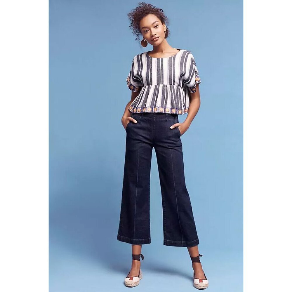 ANTHROPOLOGIE Maeve Vieques Linen Embroidered Peplum Top